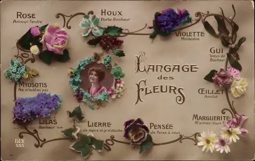 Ak Blumensprache, Langage des Fleurs, Violette Modestie, Rose Amour Tendre, Marguerite