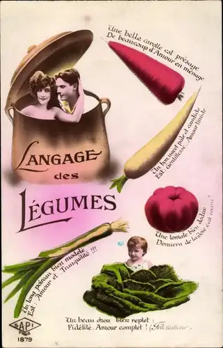 Ak Langage des Legumes, Gemüsesprache, Kochtopf, Une belle carotte est presage