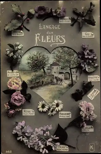 Ak Langage des Fleurs, Blumensprache, Houx Porte Bonheur, Rose Tendre Amour