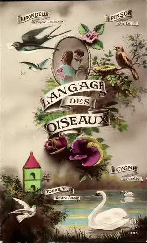 Ak Langage des Oiseaux, Vögel, Taube, Schwäne, Schwalbe, Cygne, Pinson, Hirondelle