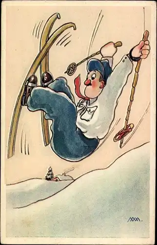 Künstler Ak Skifahrt, Skifahrer, Unfall