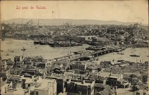 Ak Galata Konstantinopel Istanbul Türkei, Totale mit Hafen, Brücke