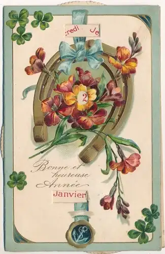 Mechanische Ak Glückwunsch Neujahr, Hufeisen, Kleeblätter, Blumen