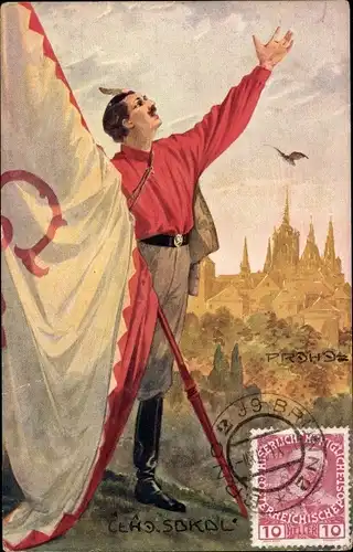 Künstler Ak Praha Prag, Sokol, Turner mit Fahne