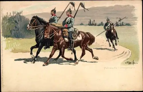 Künstler Litho Dragoner auf Patrouille, Deutsche Soldaten in Uniformen