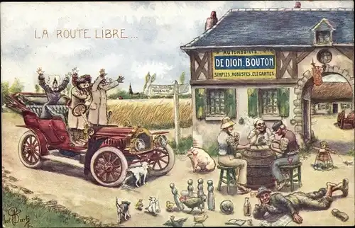 Künstler Ak La Route Libre, Automobiles de Dion Bouton Werbung, Kartenspiel, Keglen