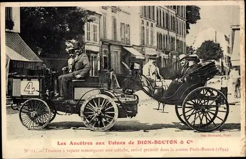 Ak Les Ancetres aux Usines de Dion Bouton & Cie., Tracteur à vapeur remorquant une calèche