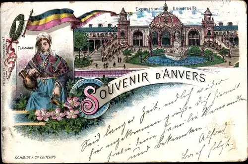 Litho Anvers Antwerpen Flandern, Frau in Tracht, Exposition Universelle