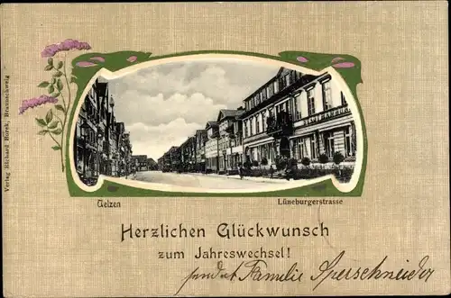 Jugendstil Passepartout Ak Uelzen in Niedersachsen, Glückwunsch Neujahr, Lüneburgerstraße