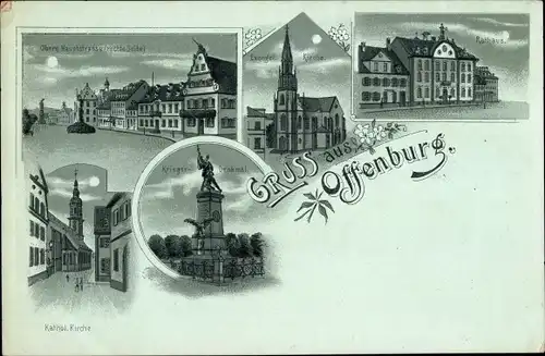 Mondschein Litho Offenburg in Baden Schwarzwald, Rathaus, Hauptstraße, Kriegerdenkmal, Kirchen