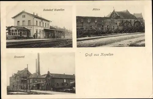 Ak Capellen an der Erft Kapellen Grevenbroich Westfalen, Brauerei, Bahnhof, Gleisseite, Mühle