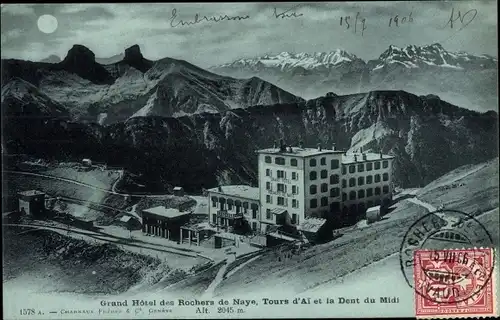 Mondschein Ak Veytaux Kanton Waadt, Grand Hôtel des Rochers de Naye et la Dent du Midi