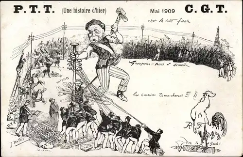 Künstler Ak Une histoire d'hier, Mai 1909, Riese mit Hammer, Soldaten, Hochspannungsleitung