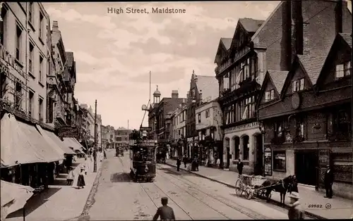 Ak Maidstone South East England, High Street, Straßenbahn