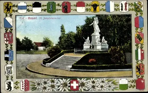 Passepartout Wappen Ak Bâle Basel Stadt Schweiz, St. Jakobdenkmal