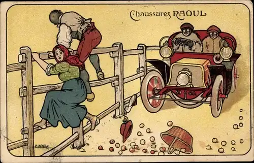 Künstler Ak Chaussures Raoul, Flüchtende Bauern, Autoraser