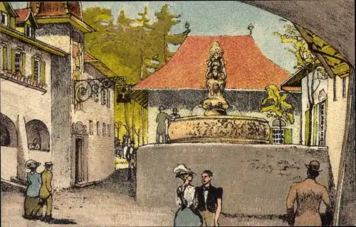 Ak Bern Stadt Schweiz, Landesausstellung 1914, Stadtansicht, Passanten, Brunnen