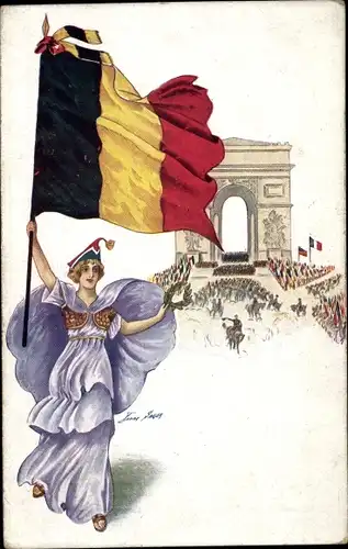 Künstler Ak Sager, X., Jour de Triomphe, Arc de Triomphe, Belgische Fahne