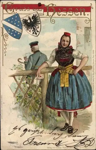 Präge Wappen Litho Gruß aus Hessen, Frau in Schwälmer Tracht
