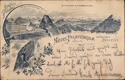 Litho Kanton Luzern Schweiz, Pilatus, Berner Alpen, Hotel Pilatuskulm