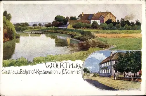 Ak Wörth am Rhein, Gasthaus und Bahnhof Restauration