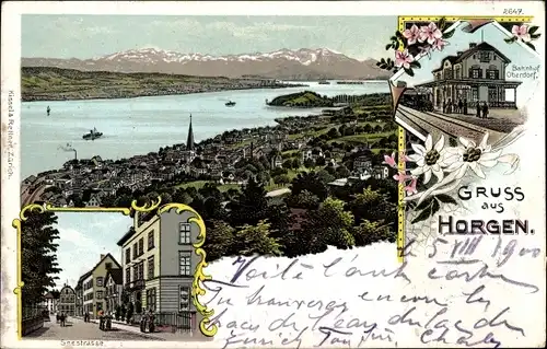 Litho Horgen Kanton Zürich, Bahnhof Oberdorf, Gleisseite, Blick auf den Ort