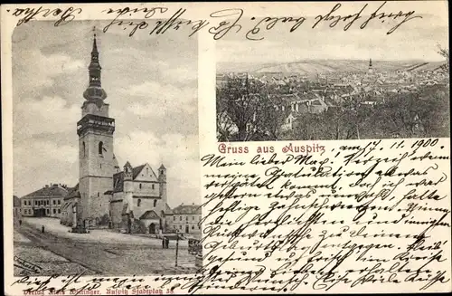 Ak Hustopeče Auspitz Südmähren, Kirche, Blick auf den Ort