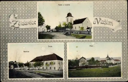 Ak Zdislavice Region Mittelböhmen, Kirche, Mühle, Schule, Rathaus