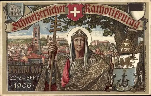 Wappen Künstler Ak Fribourg Freiburg Stadt Schweiz, Schweizerischer Katholikentag 1906