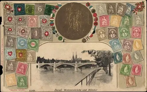 Präge Briefmarken Ak Bâle Basel Stadt Schweiz, Wettsteinbrücke und Münster