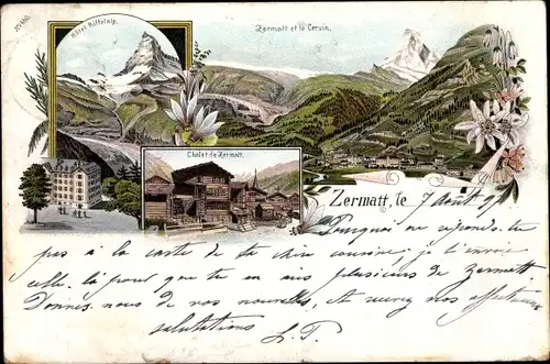 Litho Zermatt Kanton Wallis Schweiz, Hotel Riffelalp, Chalet, Cervin