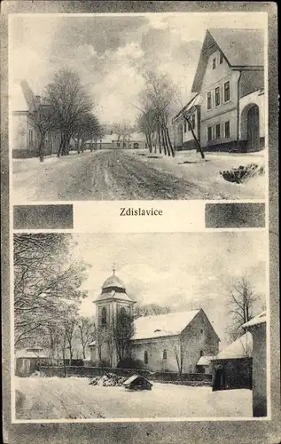 Ak Zdislavice Mittelböhmen, Stadtansicht im Winter, Kirche