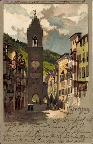 Künstler Litho Sterzing Vipiteno Südtirol, Straßenpartie, Turm, Tor