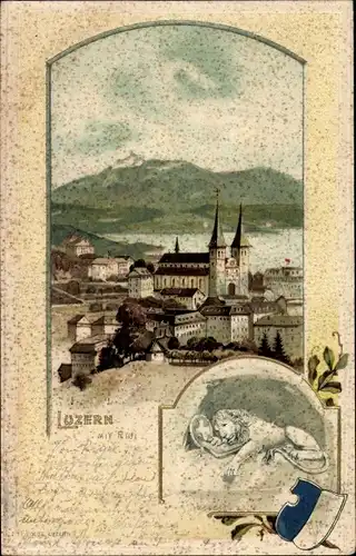 Passepartout Litho Luzern Stadt Schweiz, Wappen, Löwe, Kirche