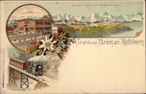 Litho Brienz Kanton Bern, Brienzer Rothorn, Hotel Rothhorn Kulm, Berner Alpen, Mühlenbach Viadukt
