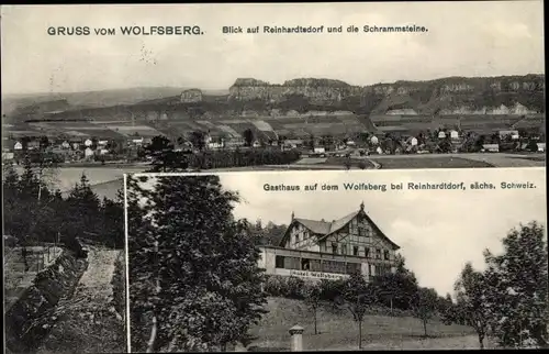 Ak Reinhardsdorf Schöna in Sachsen, Wolfsberg, Gasthaus, Panorama mit den Schrammsteinen