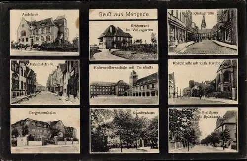 Ak Mengede Dortmund, Restaurant Volksgarten, Amtshaus, Königstr., Hohenzollernschule, Bergmannsheim