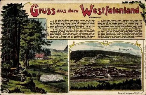 Litho Ottbergen Höxter an der Weser, Panorama, Westfalenlied, Schäfer mit Herde