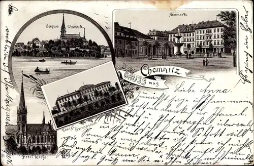Litho Chemnitz Sachsen, Schloss, Königl. Gymnasium, Neumarkt, Petrikirche