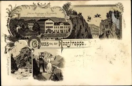 Litho Thale im Harz, Hotel zur Roßtrappe, Winzenburg, Teufelsbrücke, Wanderer, Sprungsage