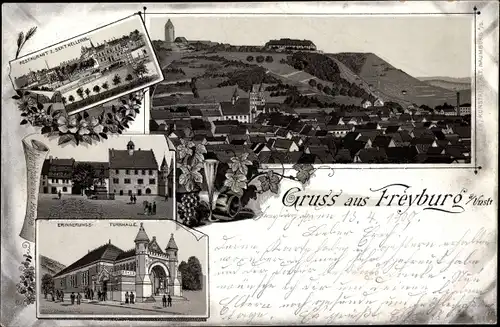 Litho Freyburg an der Unstrut, Panorama, Restaurant zur Sektkellerei, Erinnerungsturnhalle