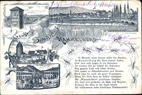 Litho Hammelburg in Unterfranken Bayern, Schießplatz, Marktplatz, Post, Saaleck, Gedicht