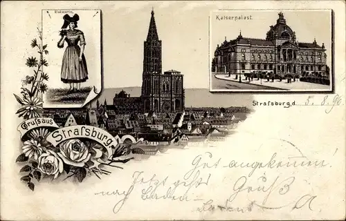 Litho Strasbourg Straßburg Elsass Bas Rhin, Münster, Kaiserpalast, Elsässerin in Tracht