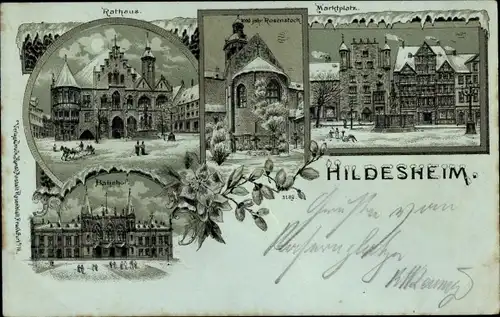 Winter Mondschein Litho Hildesheim in Niedersachsen, Rathaus, Marktplatz, Bahnhof, Rosenstock