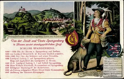 Ak Spangenberg in Hessen, Stadt und Veste, Schloss Spangenberg, Otto der Schütz, Wappen