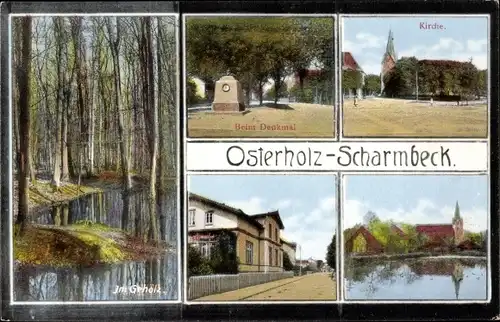 Ak Osterholz Scharmbeck in Niedersachsen, Kirche, Im Gehölz, Denkmal, Ortspartie