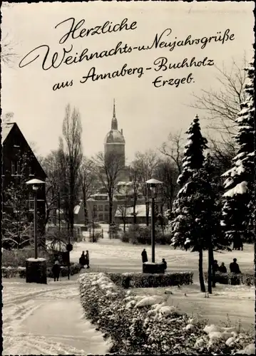 Ak Annaberg Buchholz im Erzgebirge, Ortsansicht, Winter, Schnee, Weihnachtsgrüße, Neujahr