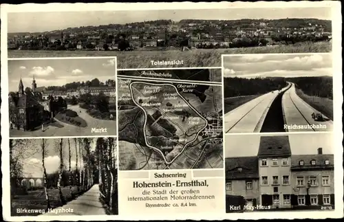 Ak Hohenstein Ernstthal, Markt, Autobahn, Birkenweg Haynholz, Karl May Haus, Sachsenring