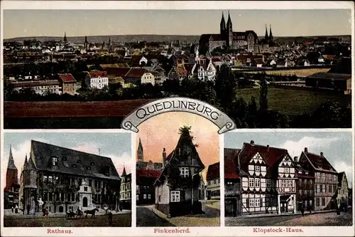 Ak Quedlinburg im Harz, Klopstock Haus, Finkenherd, Rathaus, Totalansicht