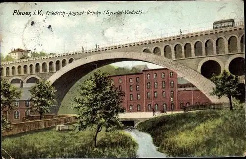 Ak Plauen im Vogtland, Friedrich August Brücke, Syratal Viadukt, Tram